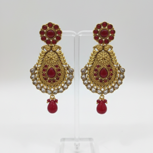 Antique Gold Finish  Red Stone-kundan Bridal/Formal Earrings