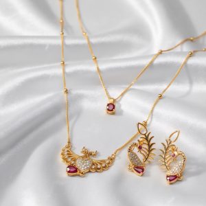 Double Chain Peacock-Inspired Anti-Tarnish Necklace with Zircon & Red Drop