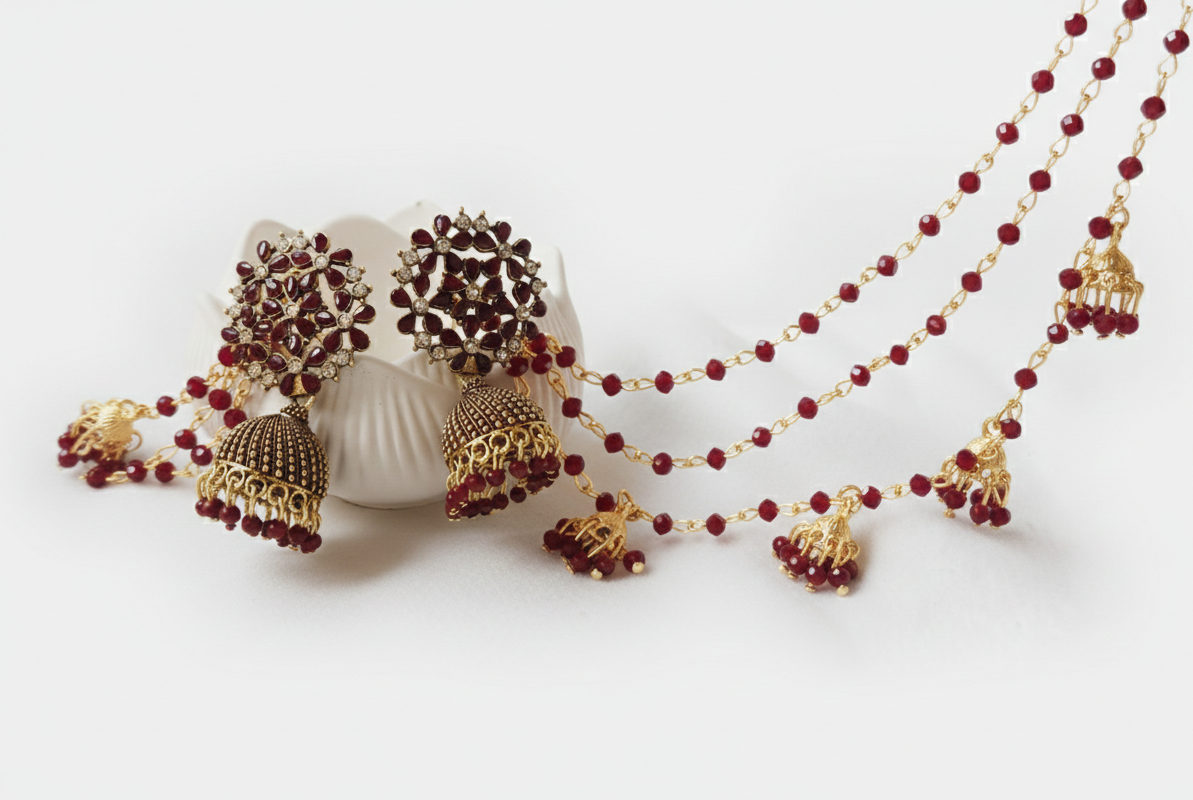 Mehroon stone copper base Jhumka (Medium size) - Image 3