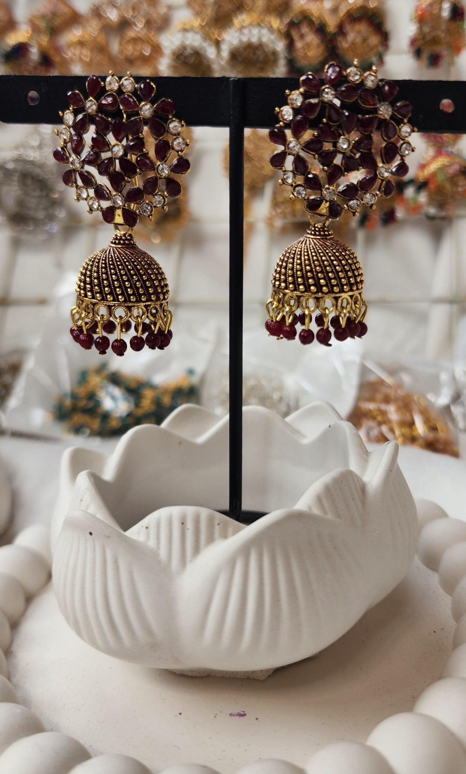 Mehroon stone copper base Jhumka (Medium size)