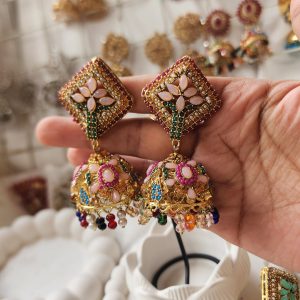 Premium Rajwari (milky multi-stone) Jhumki Earrings