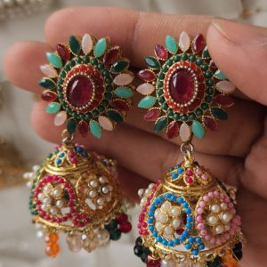 Rajwari Multi-color mini pearl indented(Medium) Jumka Earrings