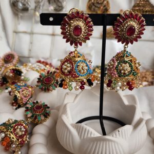 Rajwari Maroon with Multi-color mini pearl indented(Medium) Jumka Earrings