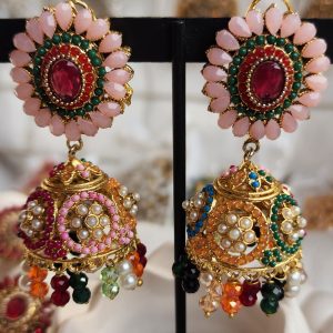 Rajwari Milky-Pink with multi-color mini pearl indented(Medium) Jumka Earrings