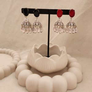 1carat Pearl Drop Jhumka earings ( Red/Black)